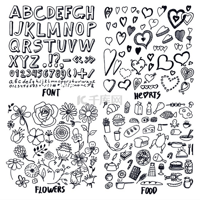 一组字体心花和食物模板矢量插图