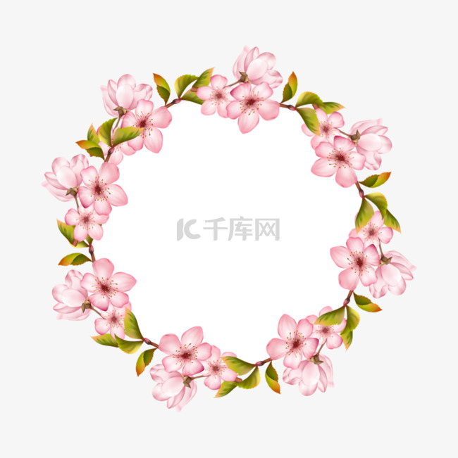 粉色樱花开花茂盛叶子花环边框