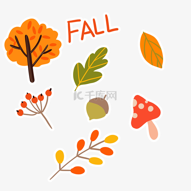 秋季树木树叶坚果贴纸