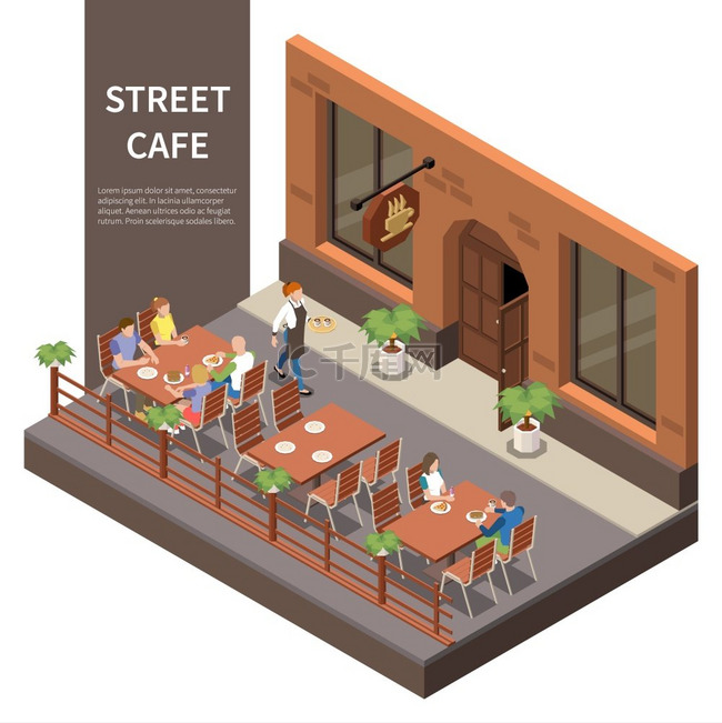 街边咖啡厅露台等距构成街上的三