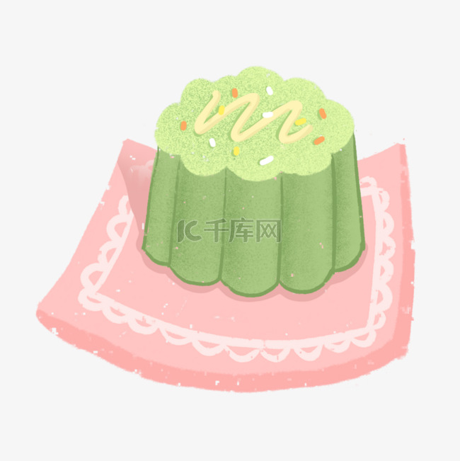粉色托盘白花纹绿色抹茶蛋糕