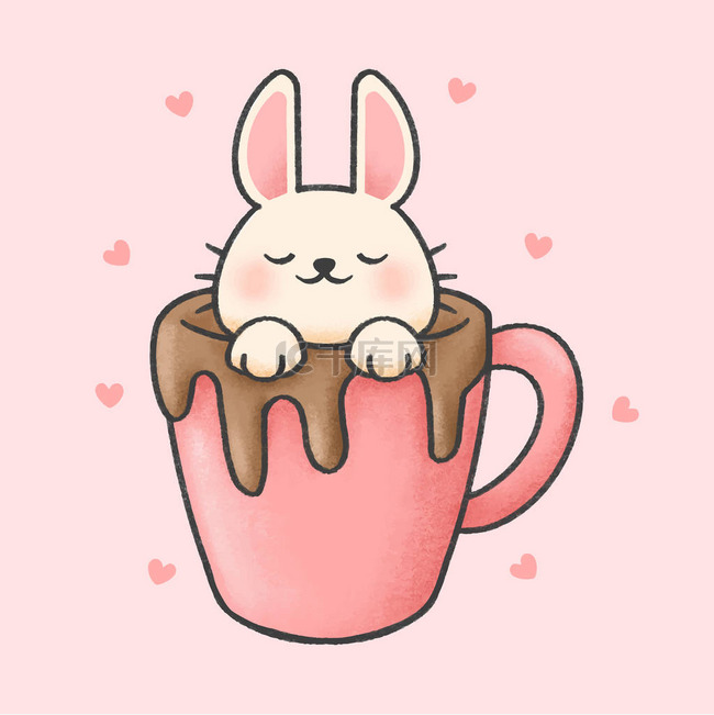 兔子在一杯巧克力手绘卡通动物角