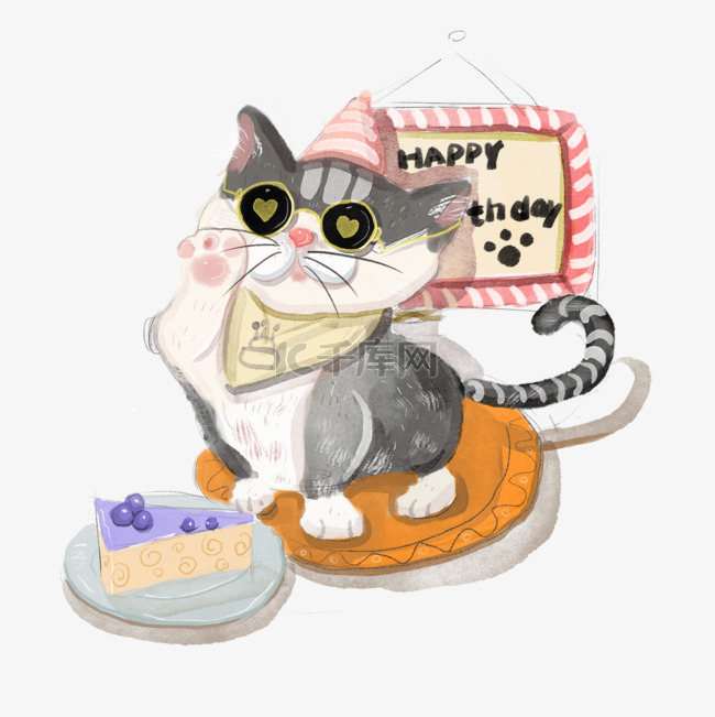 墨镜猫的生日水彩