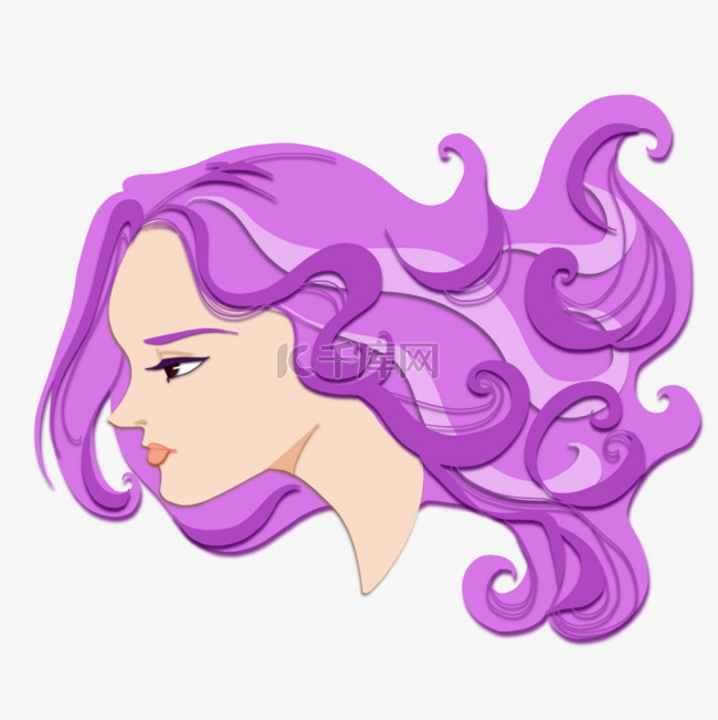 剪纸效果紫色头发女性人物