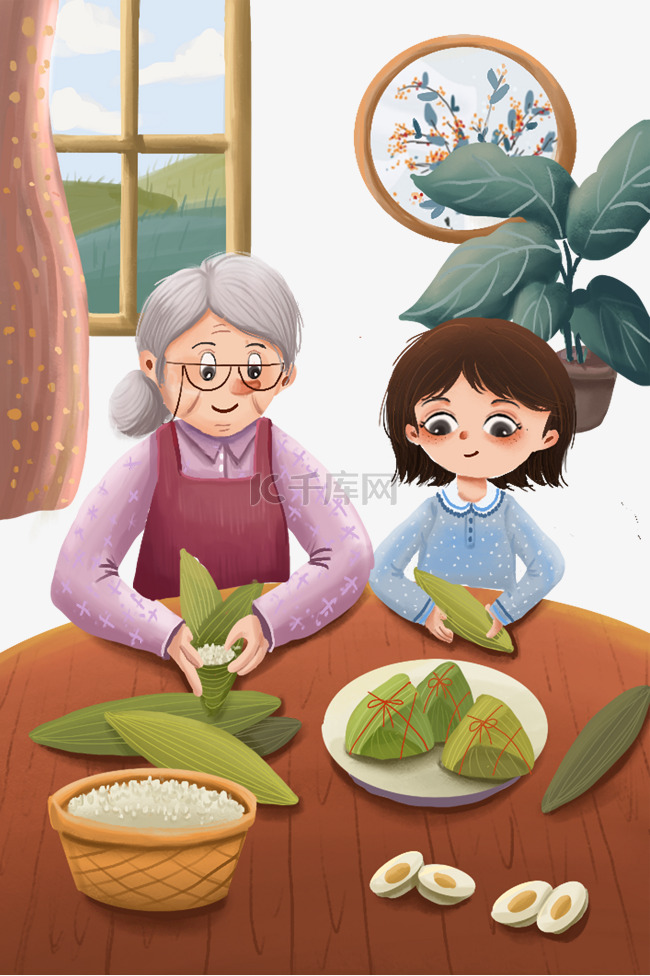 端午节奶奶和女孩在家包粽子