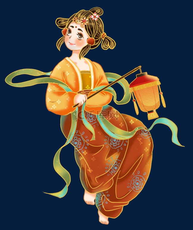 国潮描金古风汉服仕女手拿灯笼