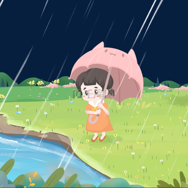 春天小雨春景女孩撑伞