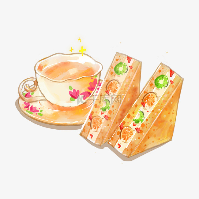 水彩风美食插画三明治下午茶