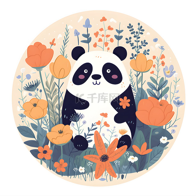 卡通可爱熊猫植物花朵