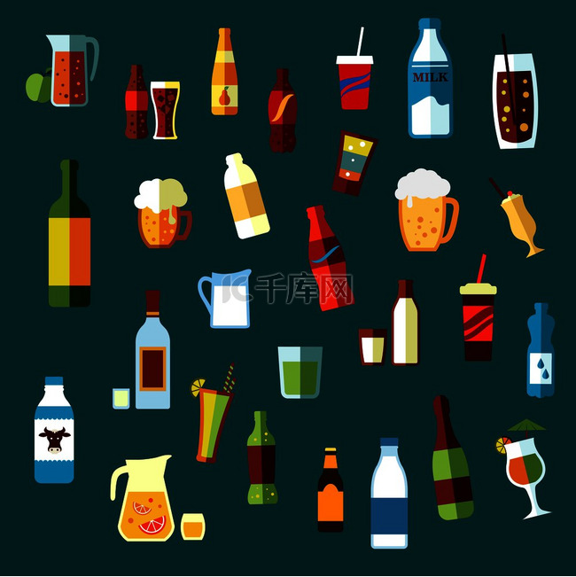 饮料、鸡尾酒和饮料平面图标，包