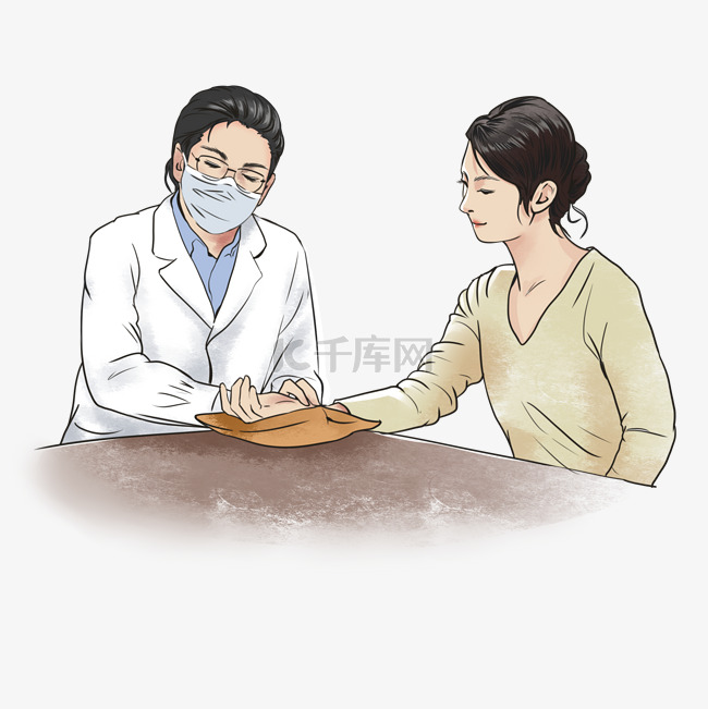中医医生把脉女性妇科手绘卡通写