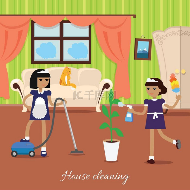 两个穿着制服和围裙的女孩打扫房