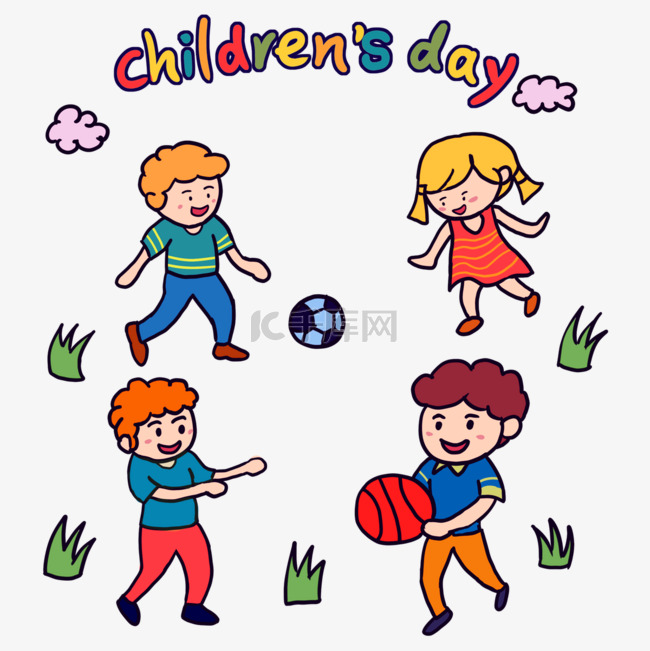 小孩玩球庆祝国际儿童节卡通涂鸦