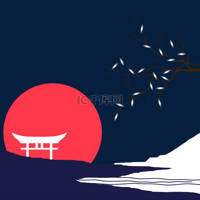 红日河流大树日本风格边框
