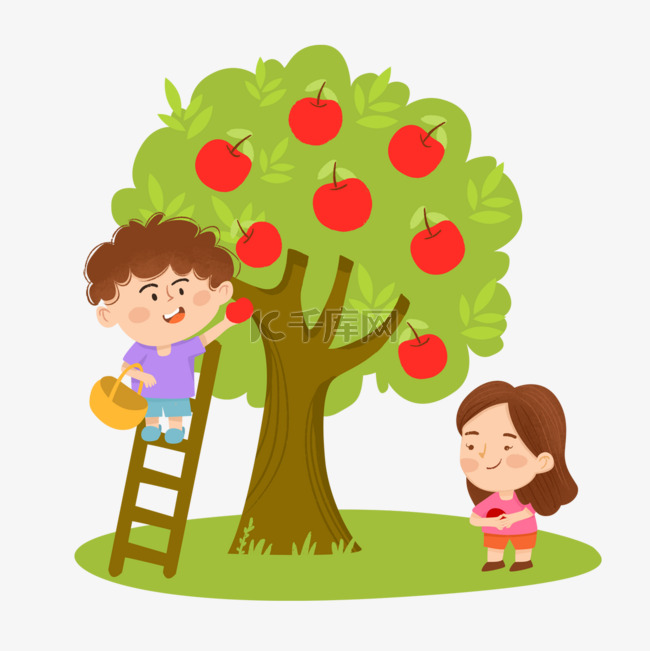 摘红苹果爬梯子卡通人物小女孩