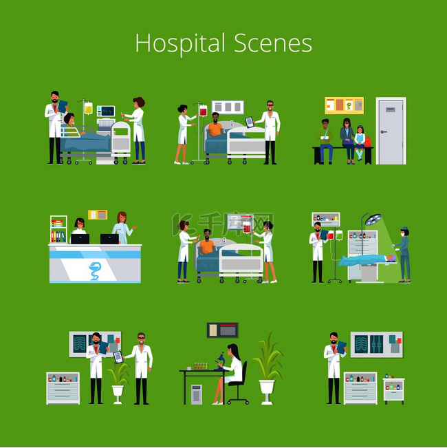 医院场景和服务图标与医生、护士
