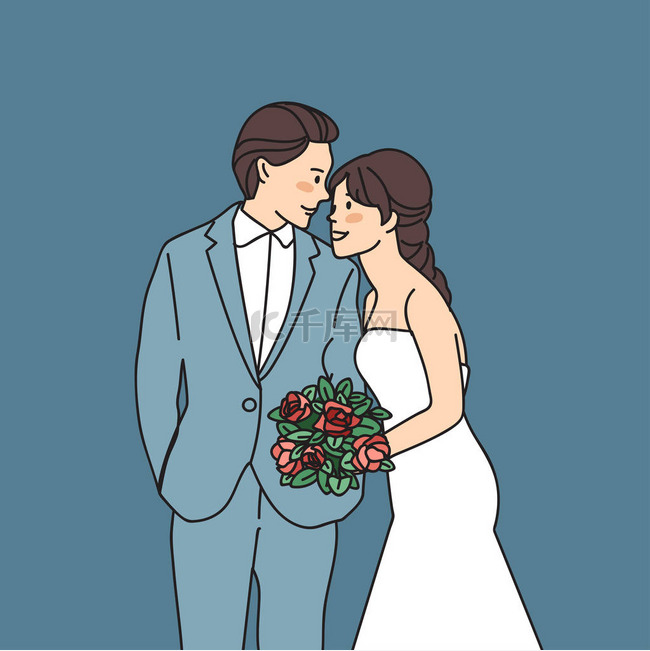新娘和新郎孤立在蓝色背景 : 