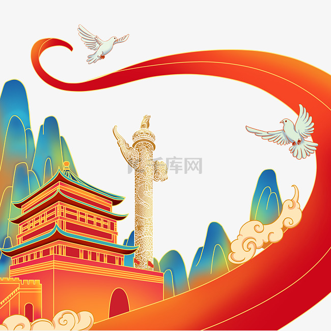 国庆中国风国潮华表建筑丝带和平