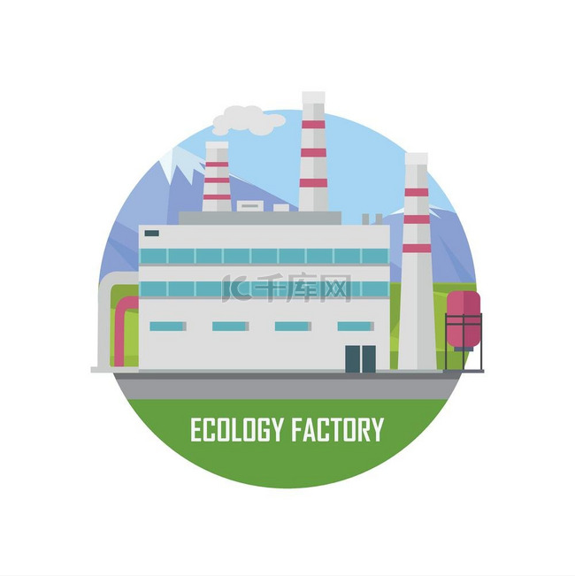 生态工厂平面风格的生态植物图标生态工厂绿色制造和生产平面风格的环保植物图标环保工厂有机天然健康产品零售商工厂的现代化建筑矢量