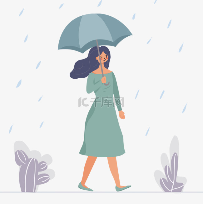 穿着蓝色裙子的女人雨中打伞插画
