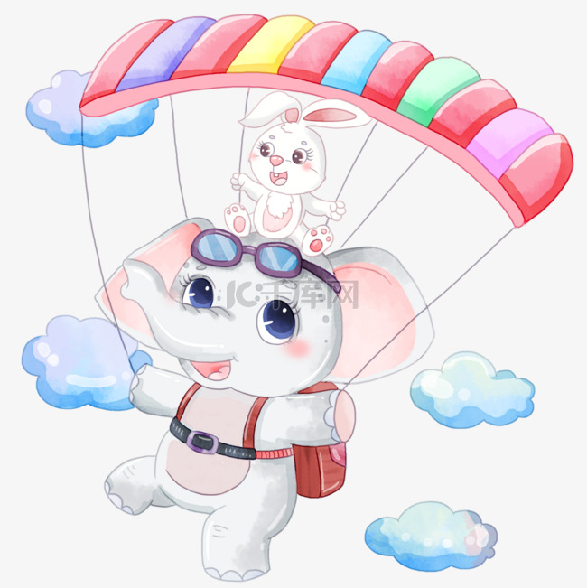 小象宝宝跳伞卡通水彩画