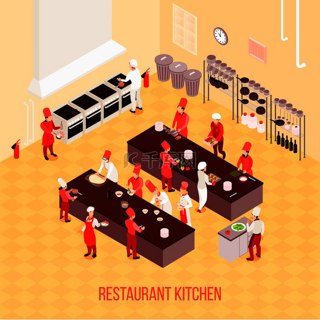米色色调的餐厅厨房等距构图，配