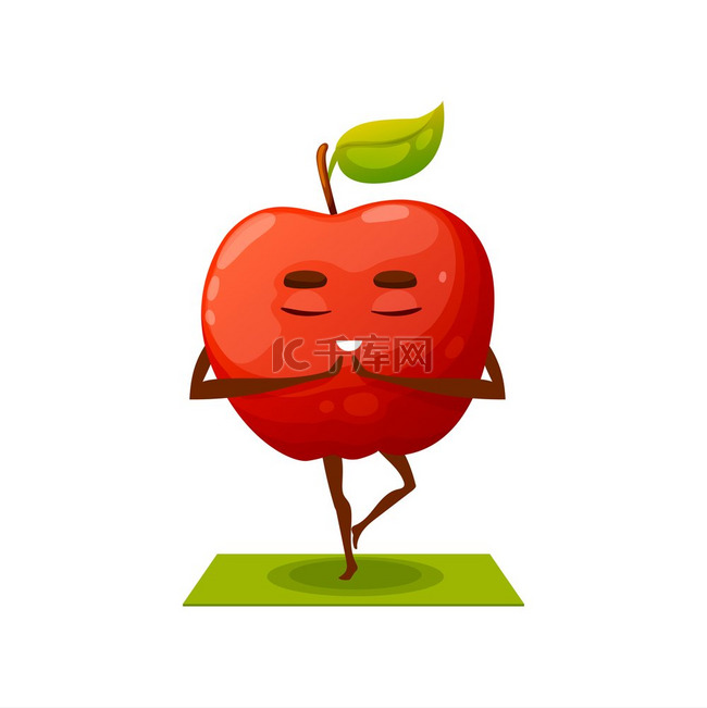 卡通苹果水果人物单腿站在瑜伽垫
