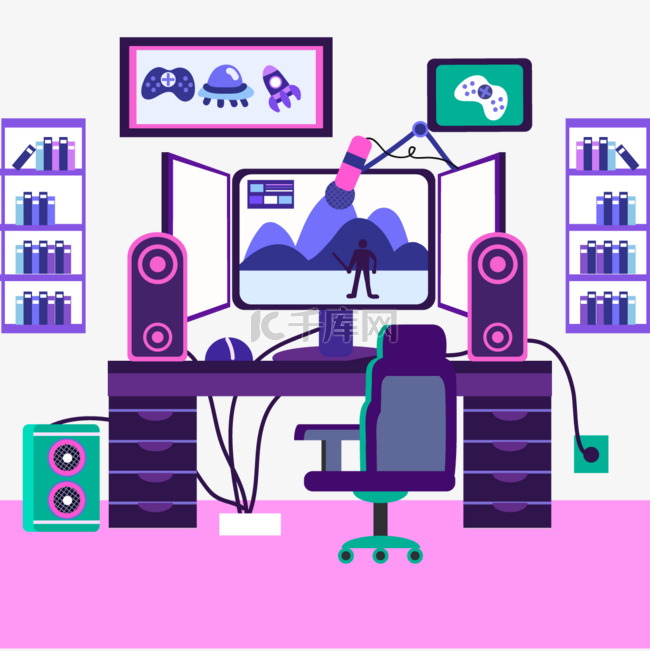 粉色和紫色平面游戏室内房间插图