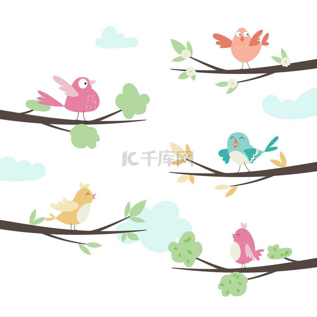 可爱的卡通鸟在不同的树枝上。矢