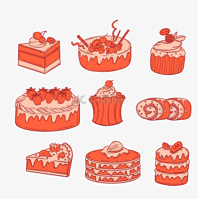 红色美食甜点蛋糕贴纸食物套图
