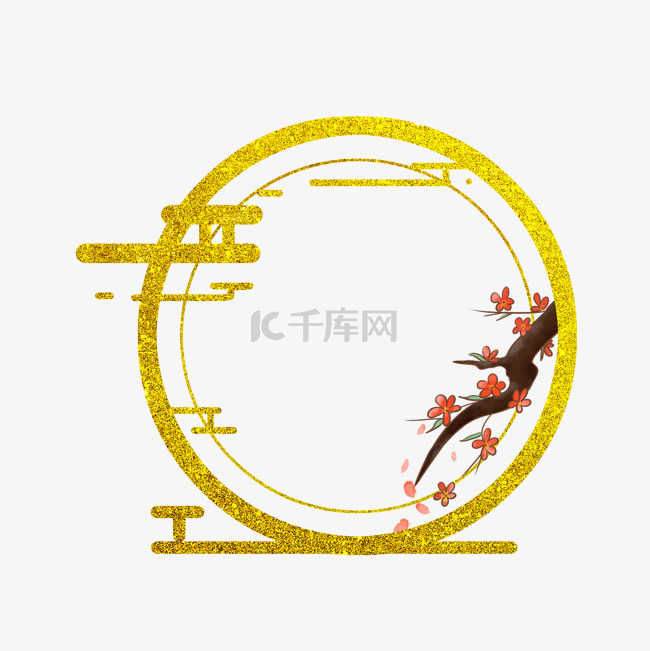 中国风金色工笔花鸟梅花圆形边框