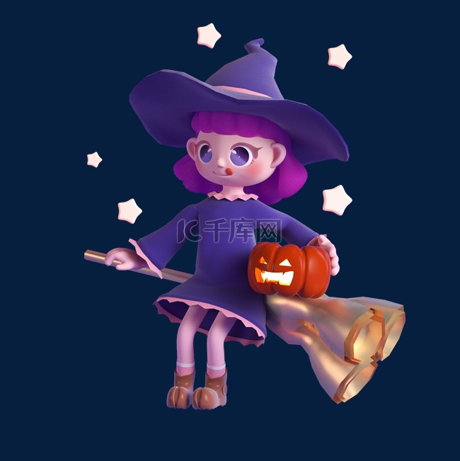 万圣节紫色3D立体小魔女女巫卡