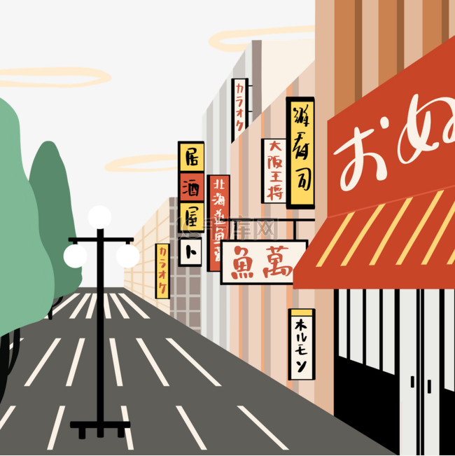 彩色日本现代卡通街景商店