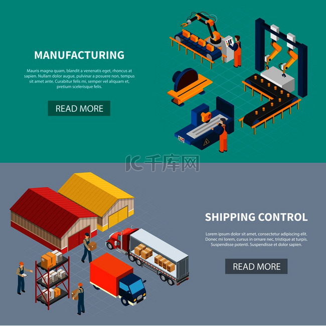 工业机器等轴测横幅配有阅读更多按钮和制造设施和建筑矢量插图的图像制造水平横幅套装