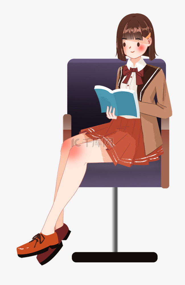女孩坐椅子上看书