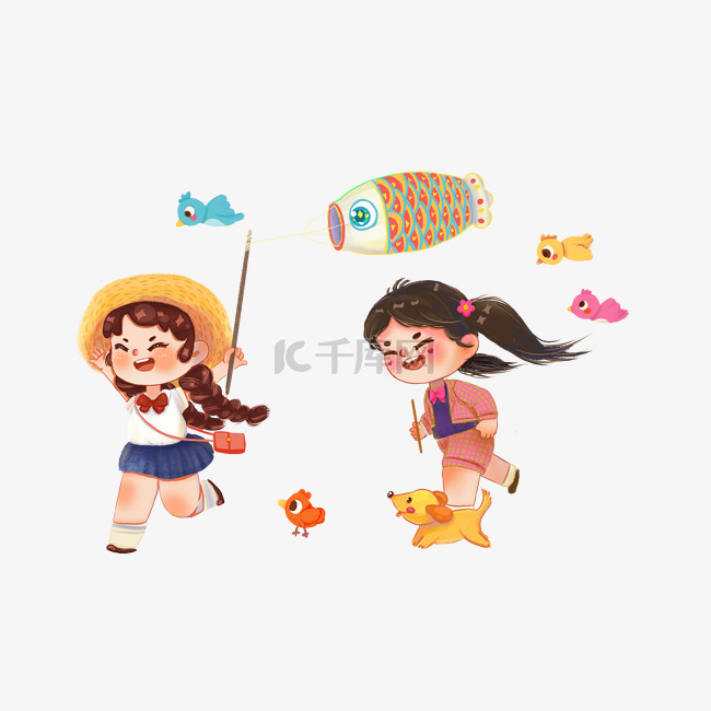 春天两个女孩放鱼旗奔跑