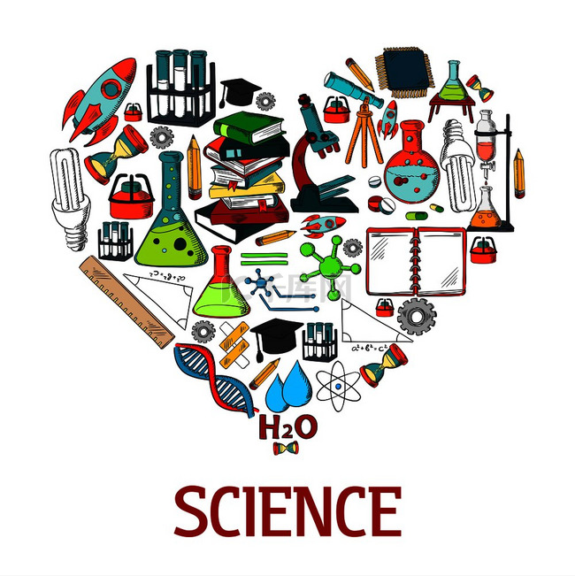 带有科学矢量图标的心形徽章科学