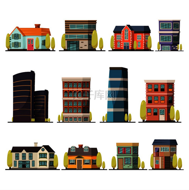 生活建筑的正交装饰图标集包括城