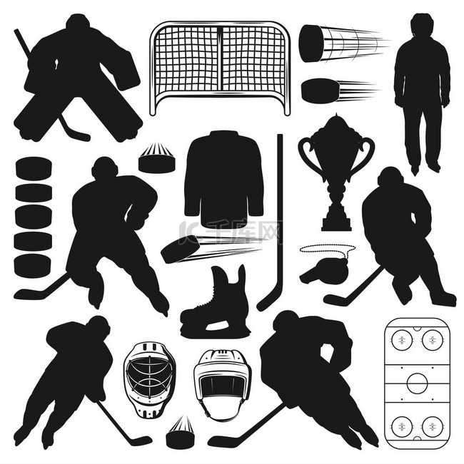 冰球运动员和运动器材孤立的剪影