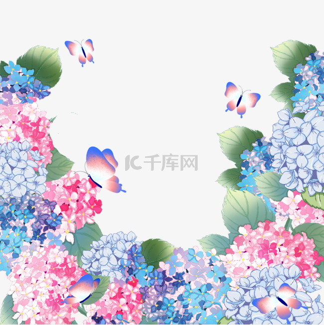 水彩绣球花卉蓝色婚礼边框