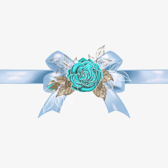 蓝色玫瑰花朵与蝴蝶结丝带