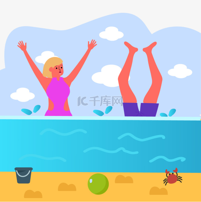 水中嬉戏的夏季海边人物插画