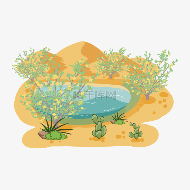 野生沙漠中的灌木植物卡通绿洲