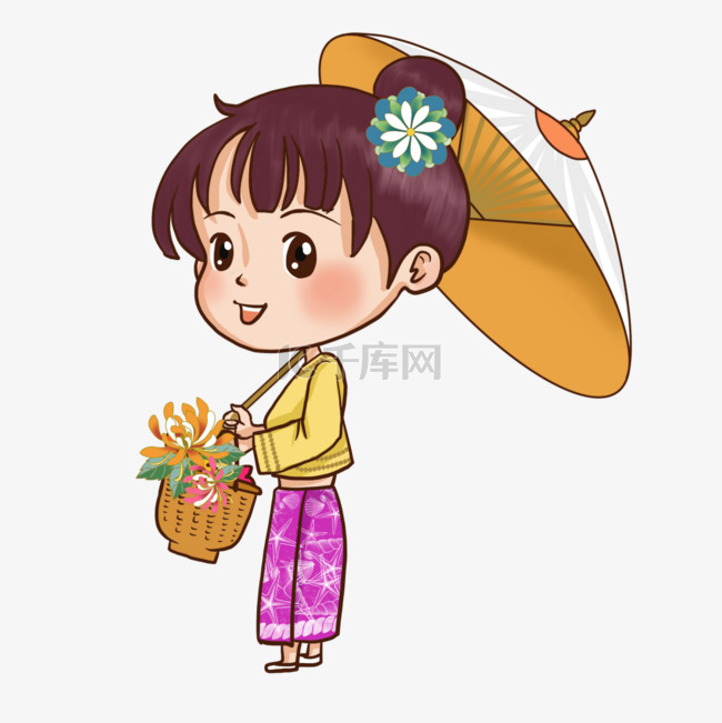 小孩泰国卡通风格打伞女孩