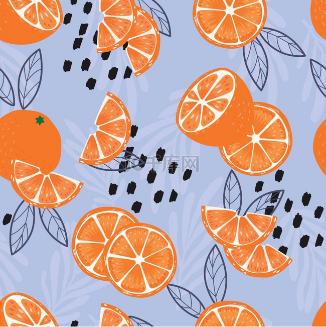 水果无缝图案，带叶子的橙子和明