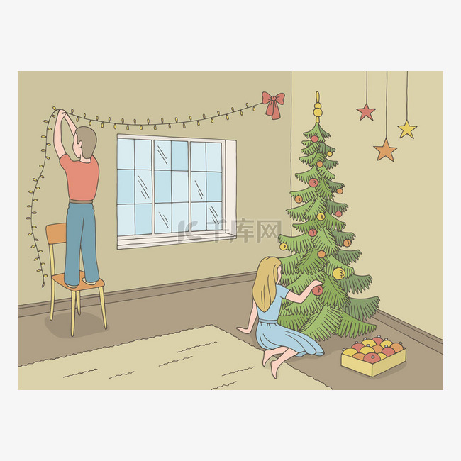 孩子装饰房间和圣诞树在客厅图形