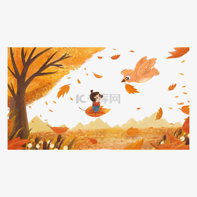 秋天秋景秋童话小鸟和小女孩