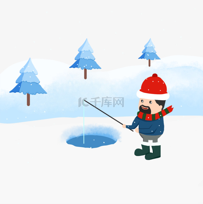 男子冬季雪地里钓鱼插画