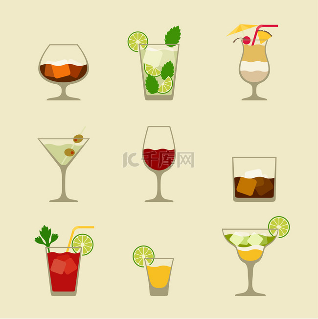 酒精饮料和鸡尾酒图标集平面设计