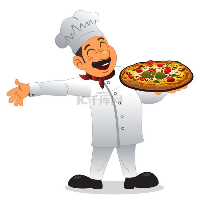 拿着一盘披萨的快乐厨师的矢量图